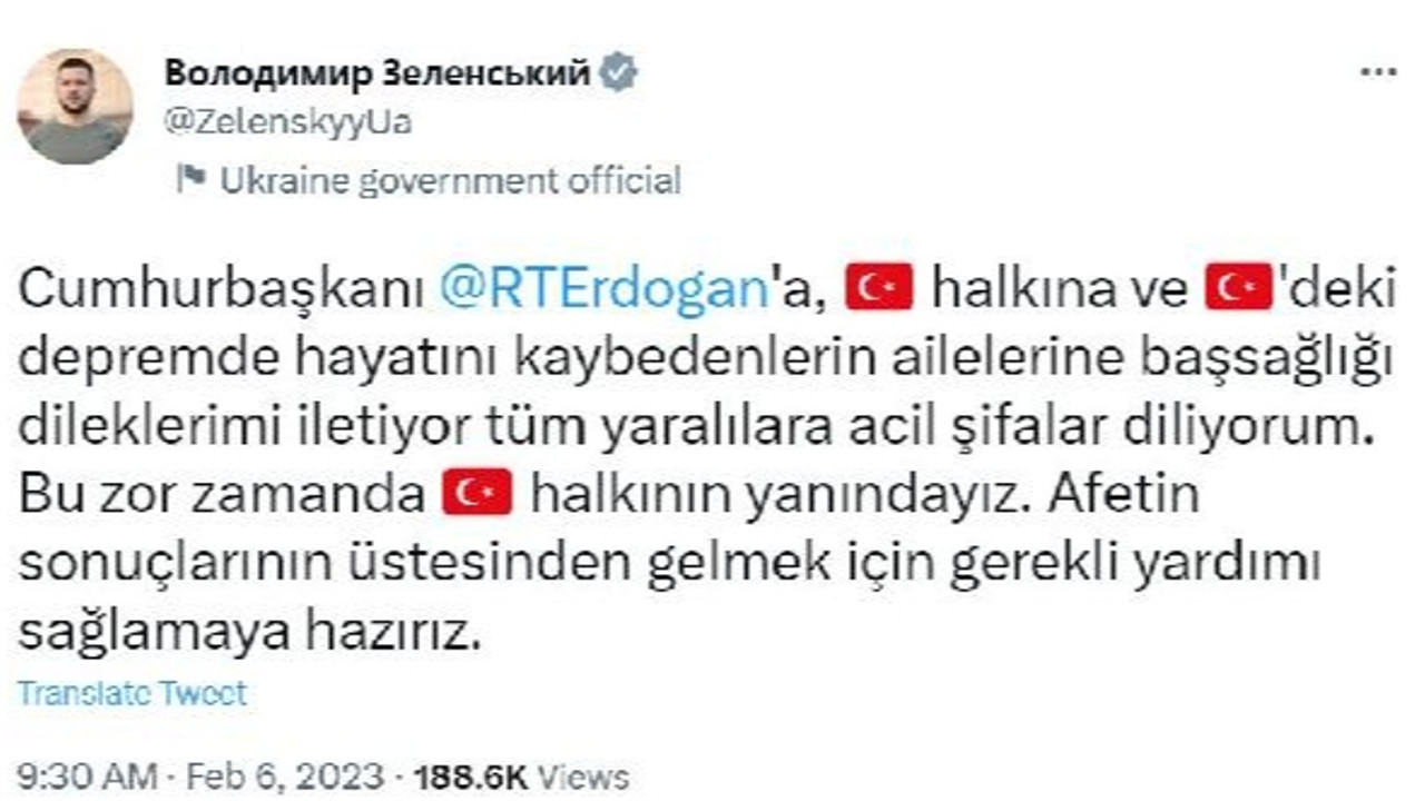 Ukrayna Devlet Başkanı Zelenski: Türk halkının yanındayız