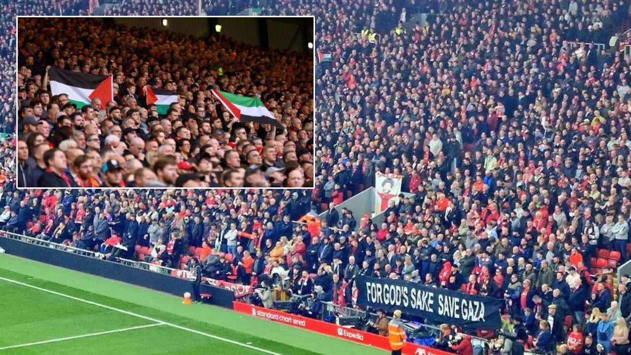 Liverpool-Everton maçında tribünlerdeki Filistin bayrakları takdir topladı