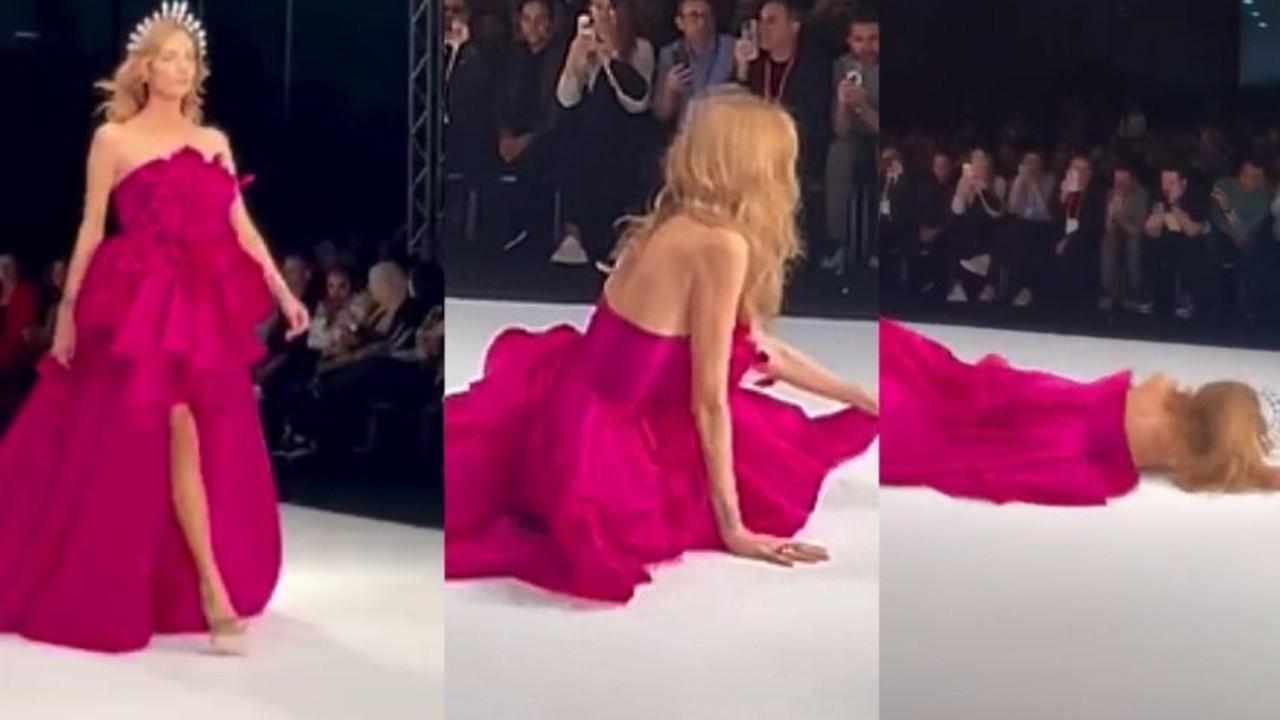 Podyumda elbisesine takılan ünlü manken adeta yeri öptü