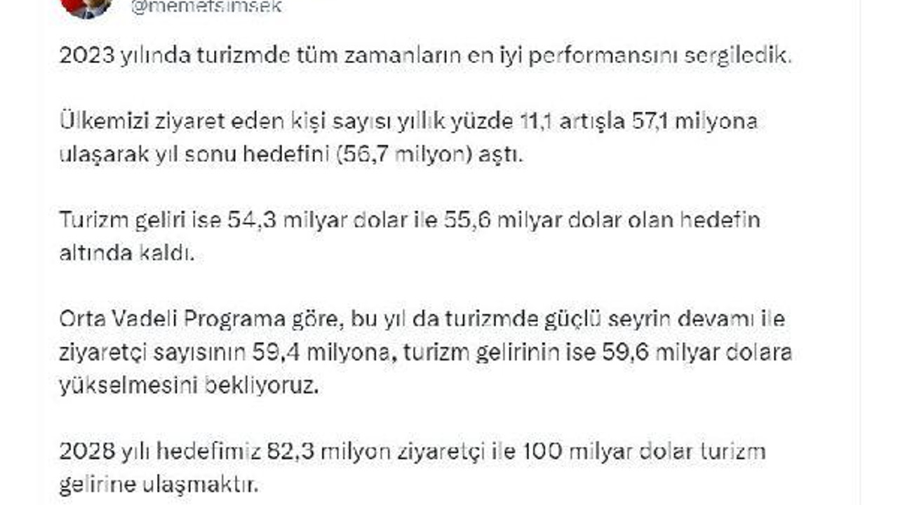 Bakan Şimşek: Bu yıl turizm gelirinin 59,6 milyar dolara yükselmesini bekliyoruz