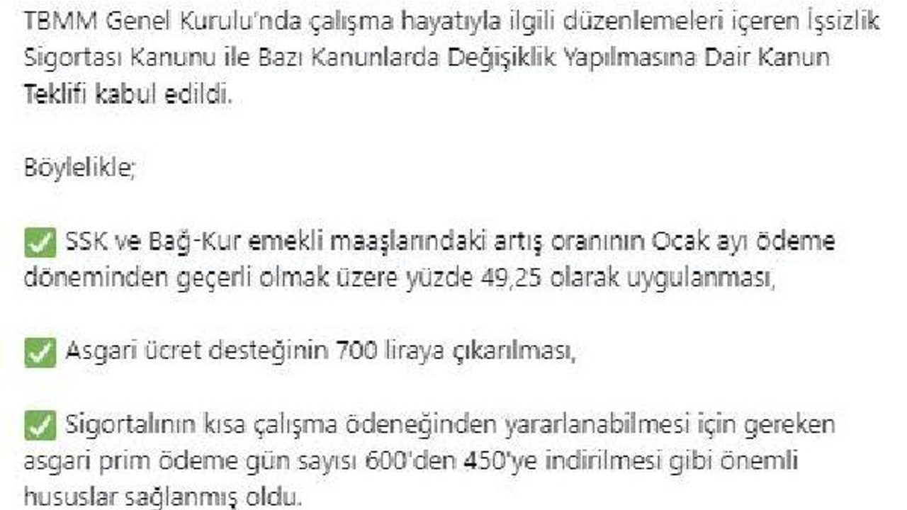 SSK ve BAĞ-KUR emekli aylıklarını yüzde 49,25'e çıkaran kanun teklifi Meclis'ten geçti