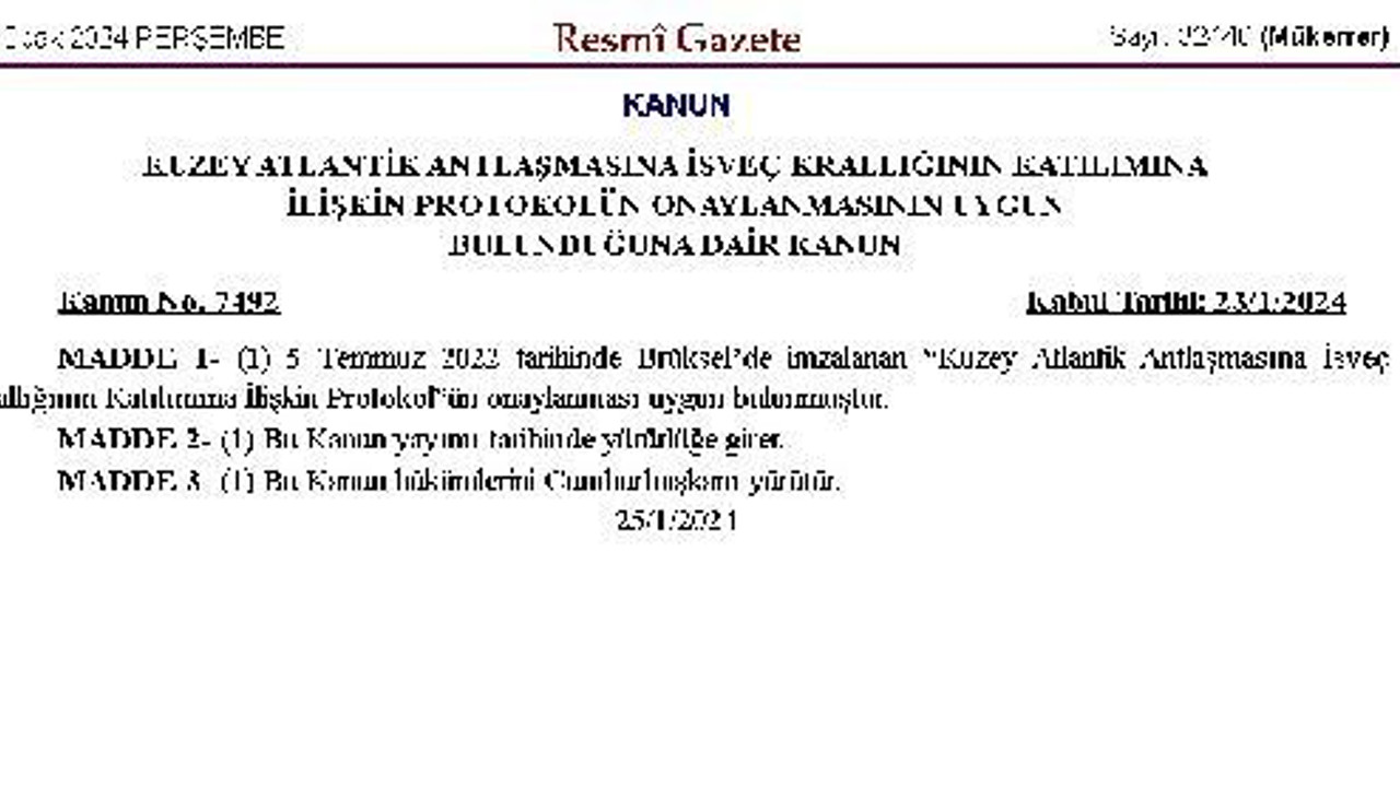 TBMM'nin İsveç kararı Resmi Gazete'de yayınlandı