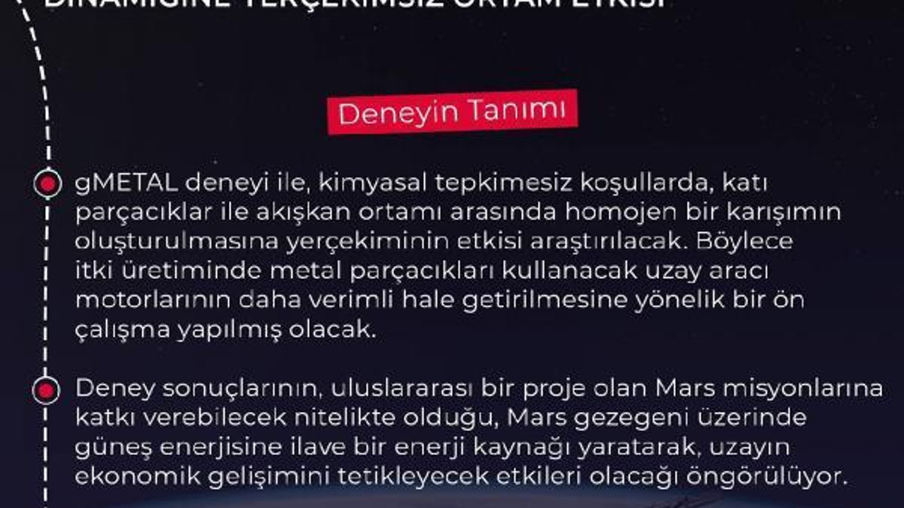 TUA, 'g Metal' deneyinin tanıtımını paylaştı