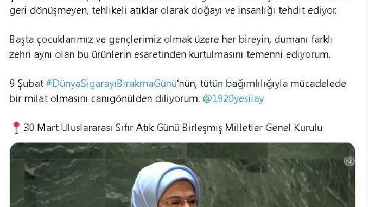 Emine Erdoğan'dan 'Dünya Sigarayı Bırakma Günü' mesajı