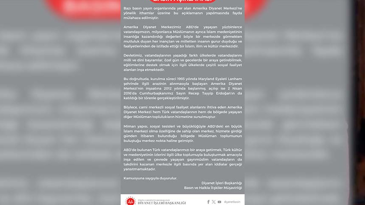 Diyanet'in Amerika'da 90 milyon dolarlık lüks tesisi olduğu eleştirilerine kurumdan açıklama geldi