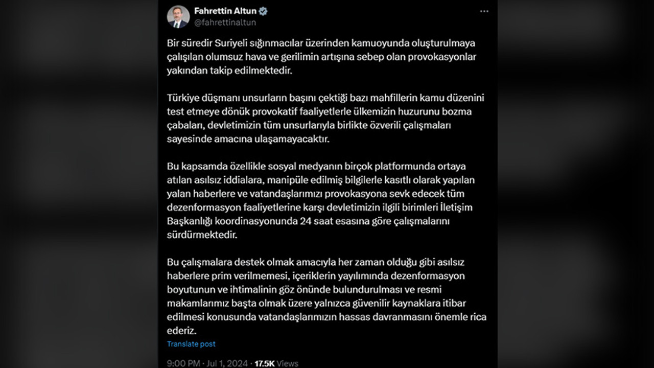 Altun: Ülkemizin huzurunu bozma çabaları amacına ulaşmayacaktır