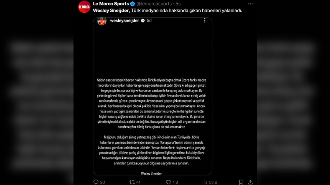 Wesley Sneijder'den, 'kara para aklama ve dolandırıcılık' iddialarına yanıt