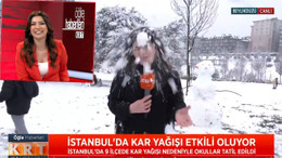 KRT TV’de eğlenceli anlar! Muhabirin suratına kar topu isabet etti