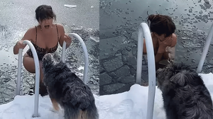 Mayosunu giydi buz tutmuş göle atladı! Cesaretine hayran kaldılar