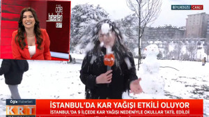 KRT TV’de eğlenceli anlar! Muhabirin suratına kar topu isabet etti