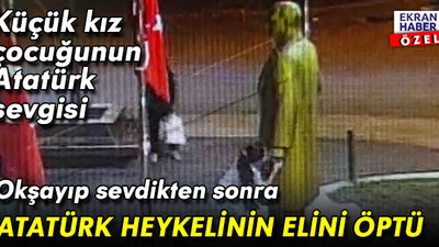 Küçük kız çocuğunun Atatürk sevgisi: Selam verip okşadıktan sonra Atatürk heykelinin elini öptü