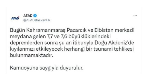 AFAD açıklama yaptı: Tsunami tehlikesi yok