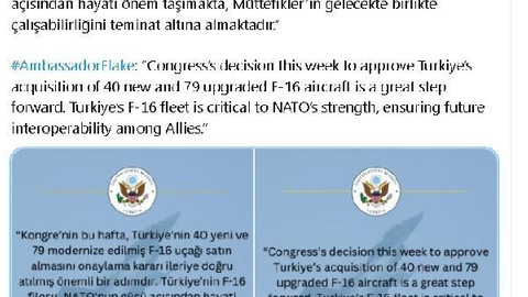 ABD Büyükelçisi Flake: Türkiye'nin F-16 satın almasının onaylanması kararı önemli bir adım