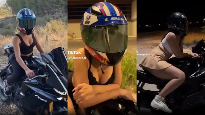 TikTok’ta motosikletli, kasklı, dekolteli ve mini etekli kızı ifşa vaadiyle para topladı!