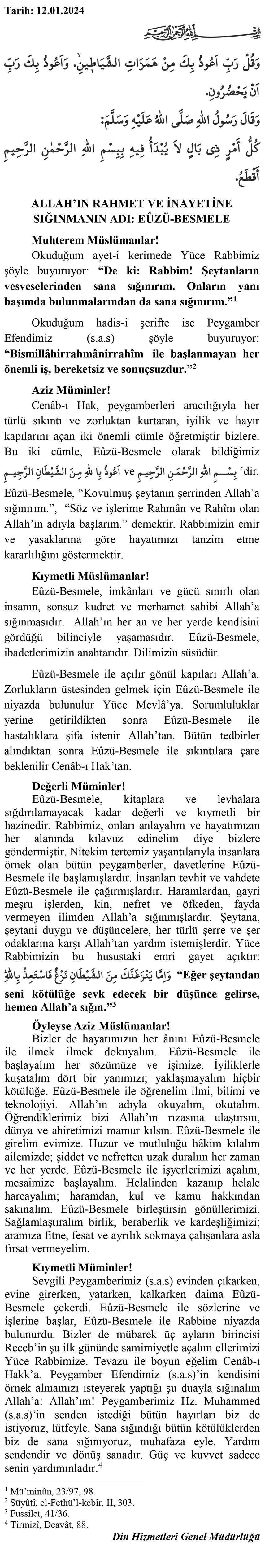 Cuma Hutbesi Metni 12012024