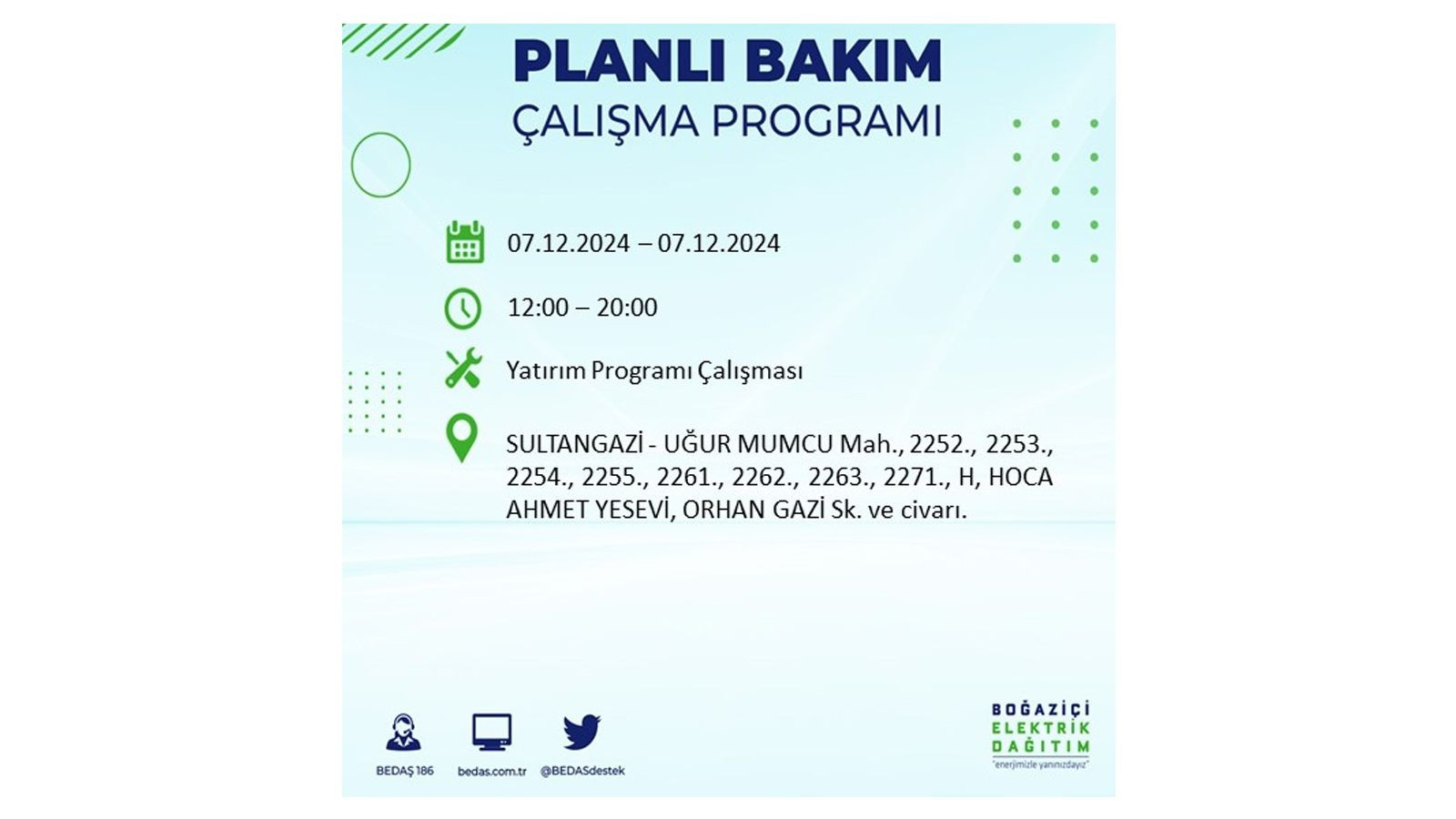 7 Aralik Istanbul Elektrik Kesintisi 24